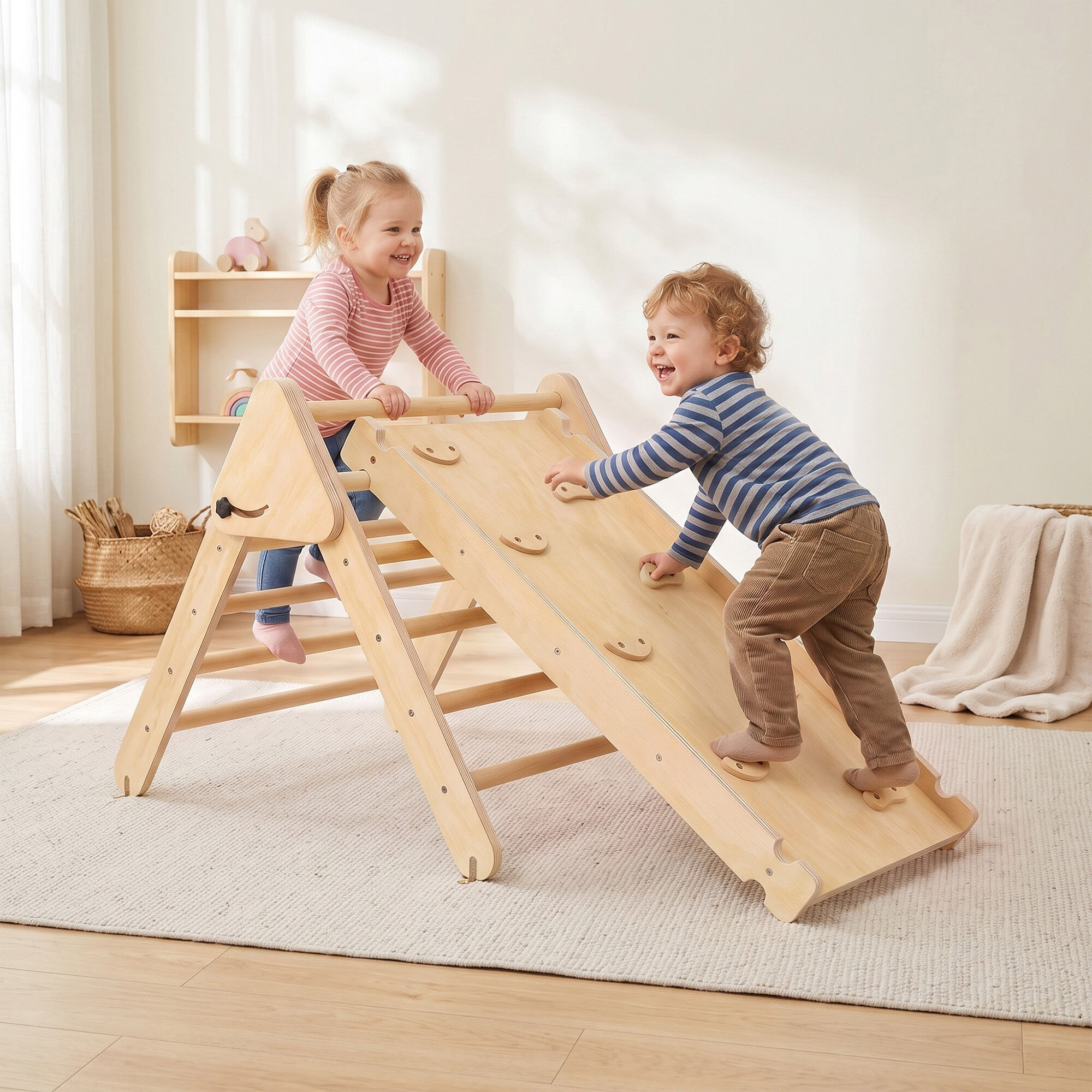 Altro Gioco Da Arrampicata Con Triangolo E Pannello Scivolo Ed Arrampicata, Per Bambini 18-48 Mesi, Color Legno