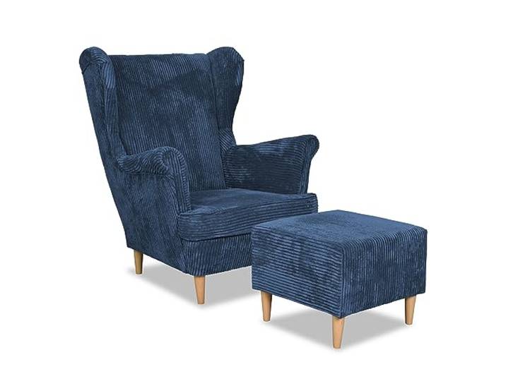 Family Meble Ohrensessel Cord mit Hocker, Modell Bonito, Skandinavisch, Relaxsessel aus Webstoff, Loungesessel, Sessel mit Fußstütze, Bequemer Sessel, Für Wohnzimmer, Esszimmer, Schlafzimmer, Blau