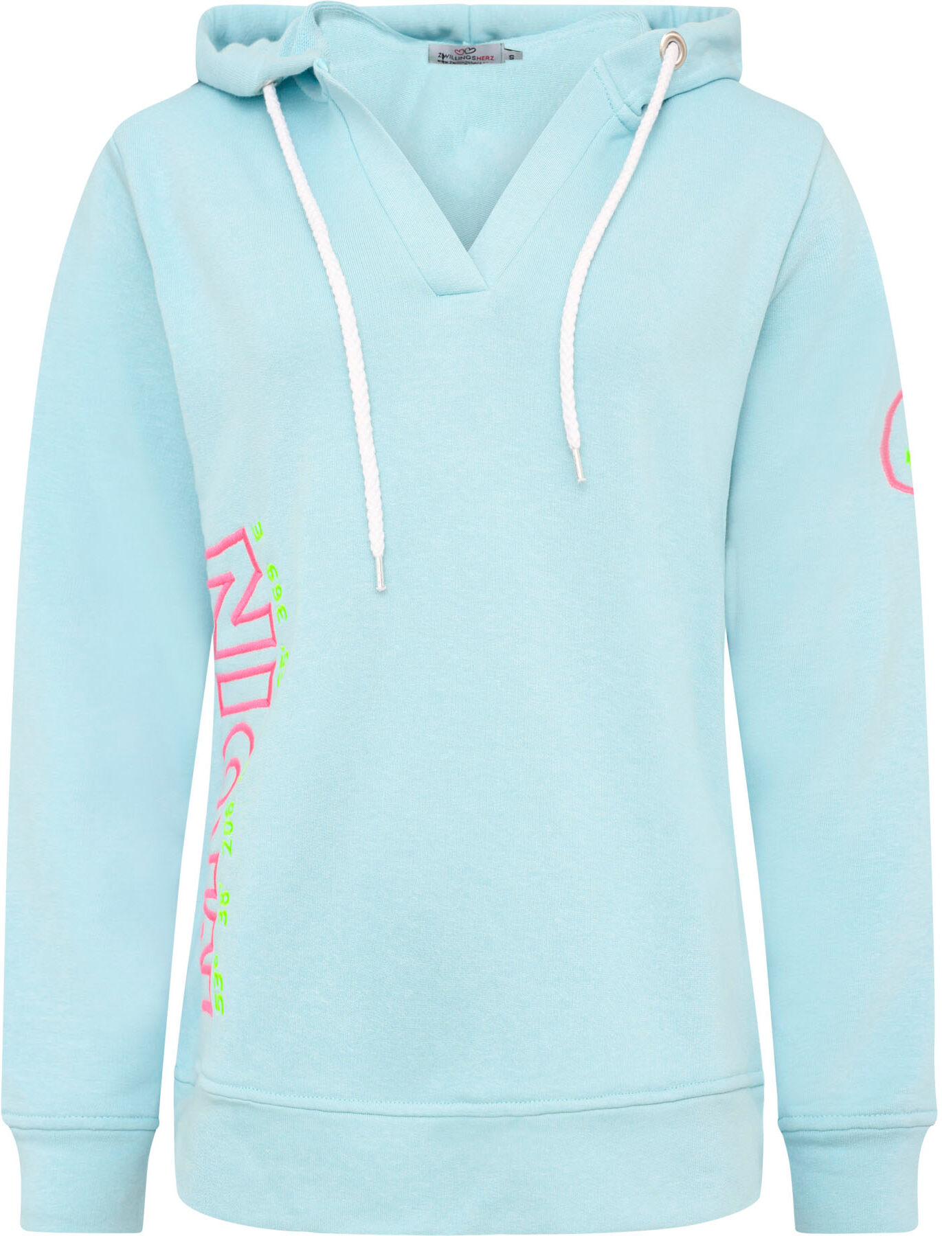 Hoodie ZWILLINGSHERZ "Moin Koordinaten", Damen, Gr. L/XL, blau (tükis), Jersey, Obermaterial: 50% Baumwolle, 50% Polyester, unifarben mit Farbeinsätzen, hüftbedeckend, ohne Ausschnitt, Sweatshirts Hoodie, V-Ausschnitt, mit MOIN und Anker Stickerei, Kapuze