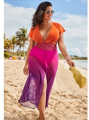 Plus Size Women's Twist Front Mesh Cut-Out Cover Up Dress by Swimsuits For All in Pink Orange Ombre (Size 10/12)