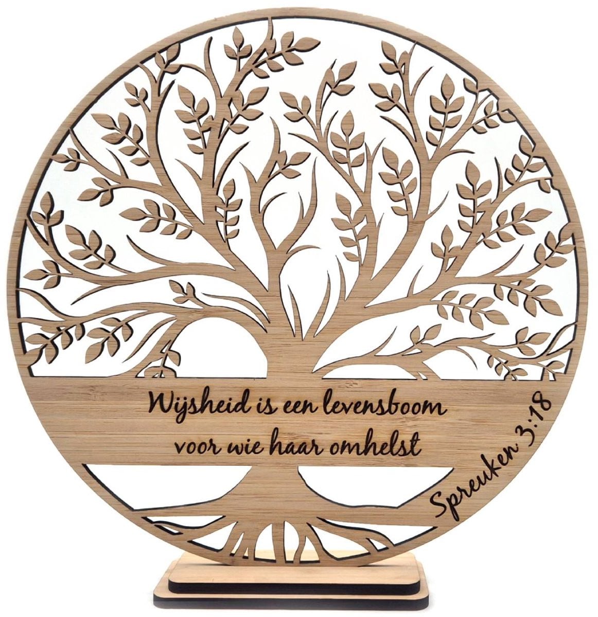 Houten wanddecoratie Levensboom met Bijbeltekst en olijfboom motief