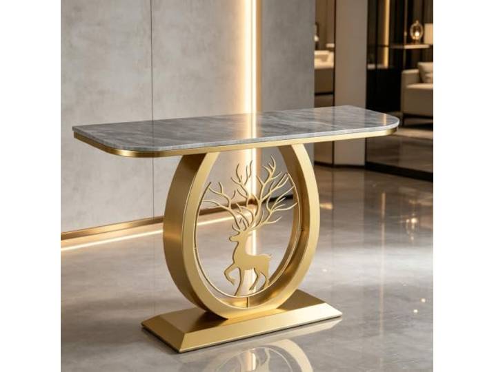 Schmaler Konsolentisch mit Metallrahmen, moderner Eingangstisch Flur Platzsparendes Design, robuster Metallrahmen, moderne Ästhetik, vielseitig einsetzbar(Gold A,31.5in)