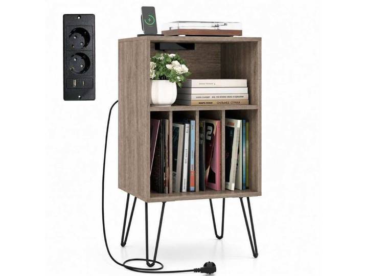 Rangement vinyles avec station de charge meuble platine vinyle avec passe-câbles et étagères gris
