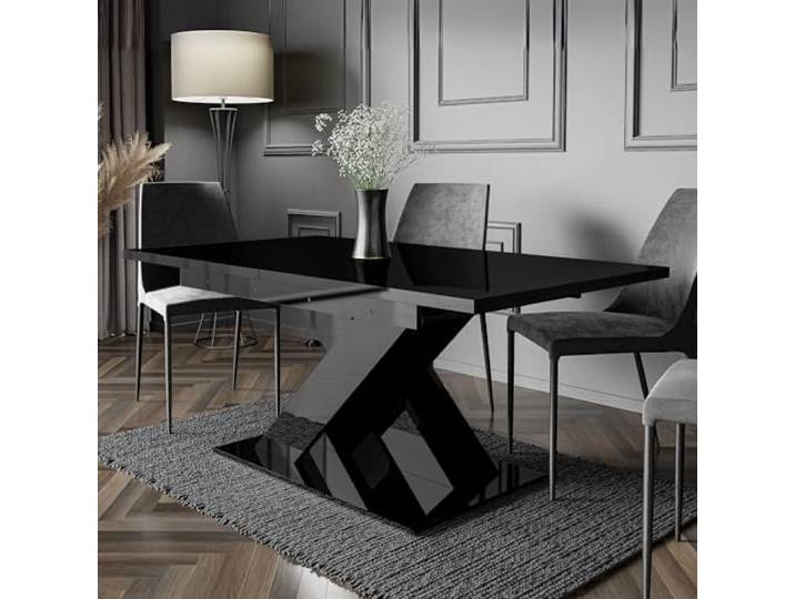 ONYX Esstisch ausziehbar 140-180x80 cm Schwarz Hochglanz, Esszimmertisch Ausziehbarer Tisch für 6–8 Personen, von 140 auf 180 cm, X-Gestell mit Mittelsäule, schwarze Acryl-Hochglanzoberfläche