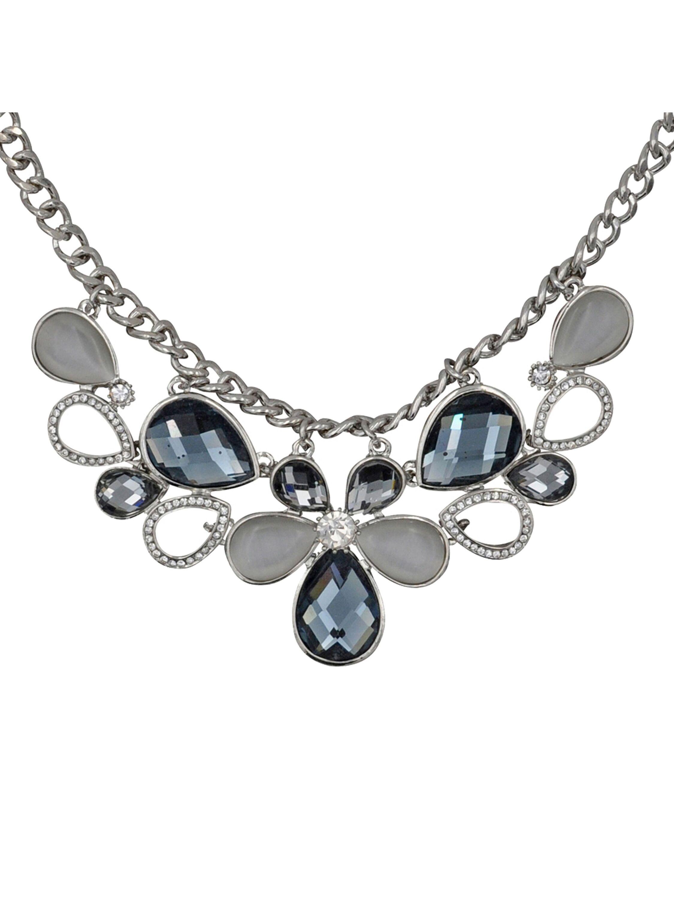 Steuer Modeschmuck Halskette Metall silberfarben mit Blüten-Zierde grau/weiß