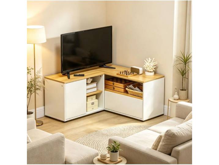 Meuble TV d'angle blanc et bois niches ouvertes meuble TV compact et moderne meuble TV gain de place pour salon