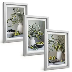 BILDER SET 3er Set - 20x30 cm Silberner Rahmen - Oliven in grauen Vasen