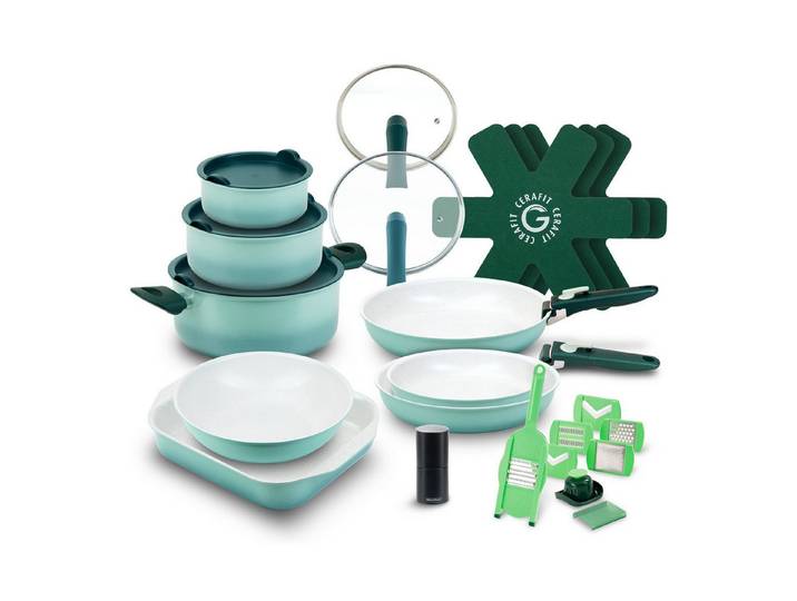 Genius Pfannen-Set Cerafit Revolution Vario Kochgeschirr, (27-teiliges - Set, All-in-One Kochset für maximale Vielseitigkeit), Platzsparend stapelbar mit abnehmbaren Griffen