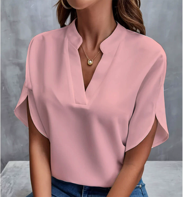 Youfap Market Women Fashion V neck Half Sleeve Shirts, Summer Casual Blouse, Office Elegant Loose Blusas Tops pink s