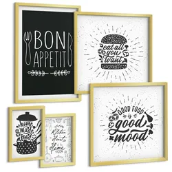 BILDER SET 5er Set - 50x50 cm & 20x30 cm & 40x60 cm Goldrahmen - Grafiken, Lebensmittel, kulinarische Slogans