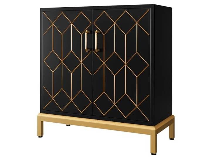Garvee Sideboard Schwarz Gold Akzentschrank modern, Kommode mit 2 Türen und Metallbeinen, Design Aufbewahrungsschrank mit handgemalten Goldlinien für Wohnzimmer, Flur & Schlafzimmer, 78.5x33.8x84.6cm