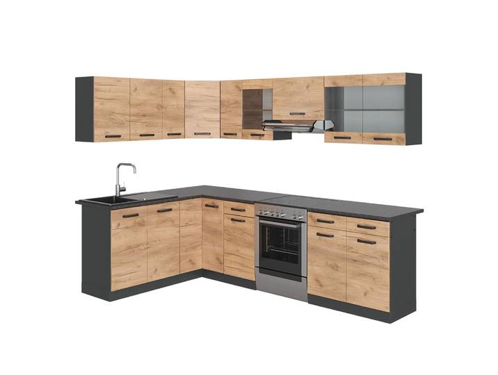 Cuisine dangle, pt à motifs noirs chêne doré/anthracite 267x81.6cm