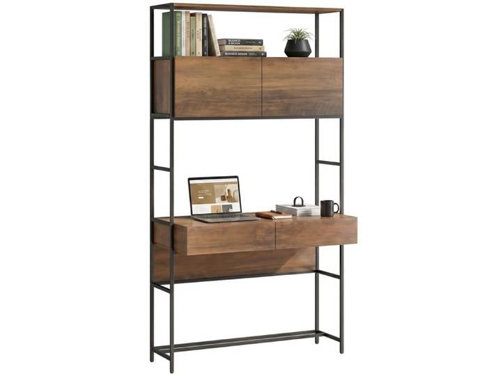Bureau d'ordinateur avec 2 tiroirs - bureau avec rangement 2 portes et étagères ouvertes marron