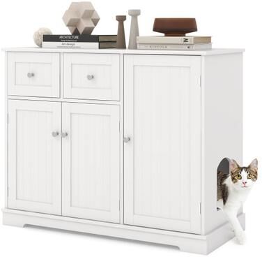Costway Cat Litter Box Enclosure with 2 Drawers and 3 Doors for Kittens and Adult Cats-White