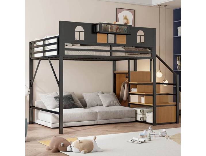 Lit mezzanine 140x200cm lit mezzanine adulte enfant escalier de rangement garde-corps haut fenêtre cadre en métal noir
