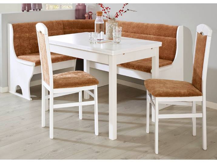 Stilvolle Esszimmermöbel, Weiss-Beige, Eckbankgruppe, 4-teilig, groß