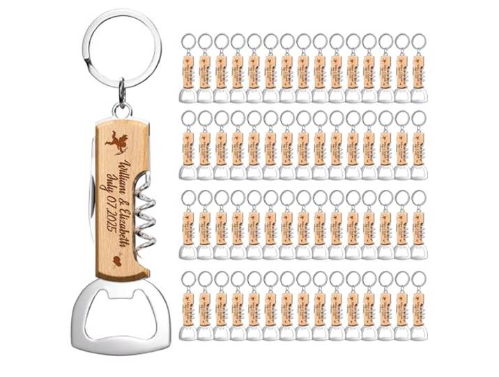 60 STÜCK Personalisierte Multifunktionale Holz Flaschenöffner, Maßgeschneiderte Gastgeschenke für Hochzeiten Geburtstagspartys, Gravierte Flaschenöffner-Schlüsselanhänger für Gäste