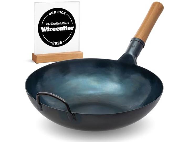 YOSUKATA Flacher Boden Blau Karbonstahl Woks & Wokpfannen 34 cm Voreingebrannter Wokpfanne - Traditionell Wok für induktionsherd - Kompatibel mit Gas- Elektroherden Grill Induktion Feuer