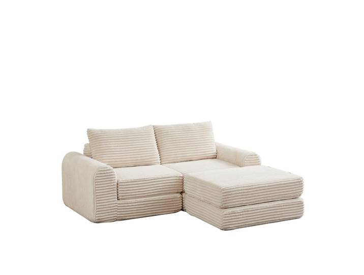 Wishdor Schlafsofa Cord Beige mit Fußstütze und Modulen, L-Form, 243x194 cm, Wohnzimmer, Sofas & Couches, Wohnlandschaften, Ecksofas