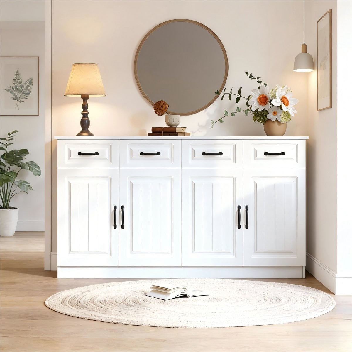Zubaliya Sideboard Wit met Geribbeld Design, 4 Lades en 4 Deuren, B/D/H: 160 x 35 x 80 cm