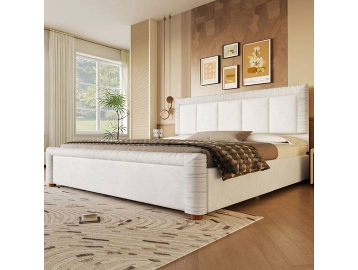 Lit 180x200 cm - Lit double 180x200 - en Samt Français avec Tête de lit Rembourrée 2 Tiroirs - Beige