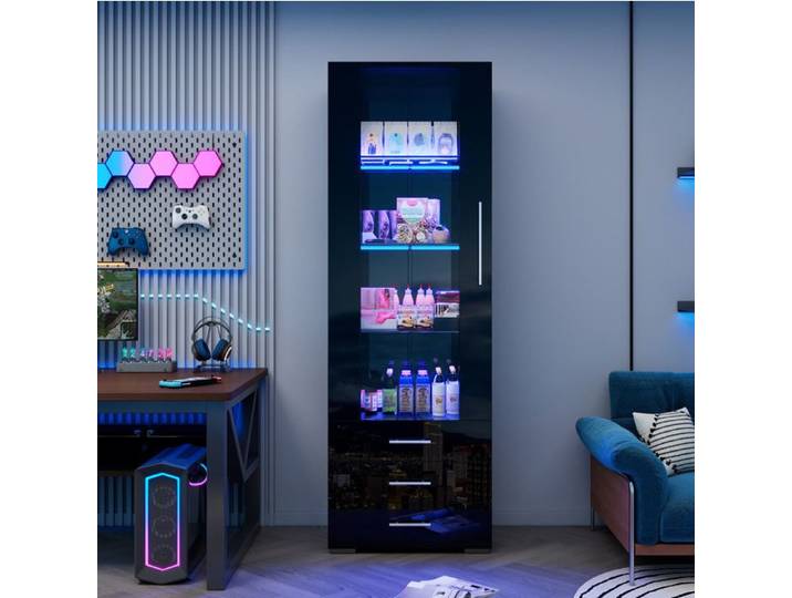 Vitrine stand noire brillante éclairage LED 3 tiroirs 60x35x180 cm meuble d'exposition vertical