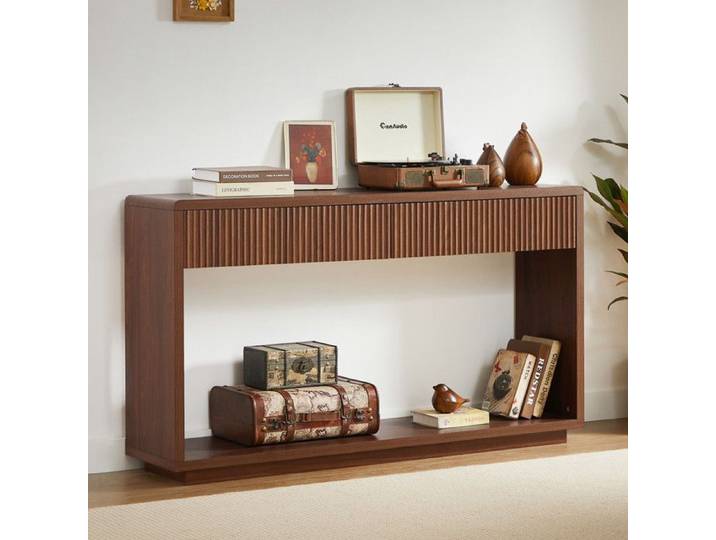 Table console moderne - Noyer - 150x35x85 cm - Deux tiroirs spacieux - Étagère inférieure ouverte
