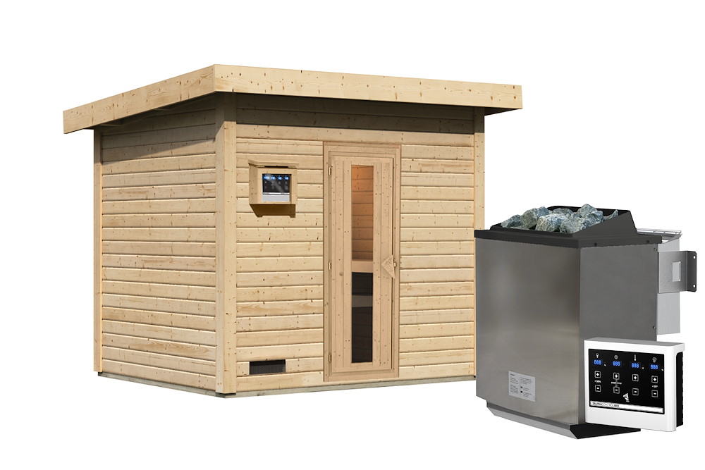 KARIBUHOLZT Sauna Hytti 3 Ofen 11kW Bio ext. Strg natur mit Isotür 16989911