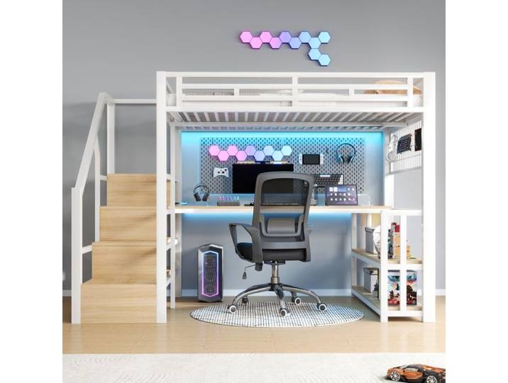ULEVR Hochbett 140 x 200 cm en métal et MDF blanc avec bureau rangements LED USB et Type-C