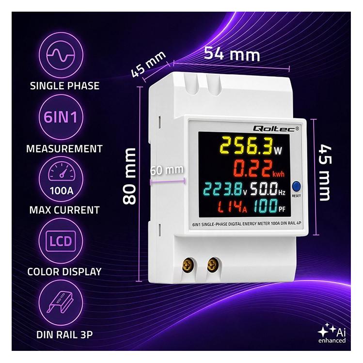 Qoltec Jednofazowy licznik 6w1| miernik zużycia energii na szynę DIN | 230V | 100A | LCD | CT | 3P (50977)