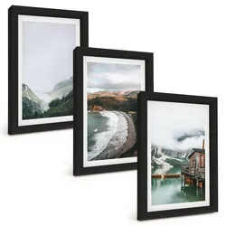 BILDER SET 3er Set - 20x30 cm Schwarzer Rahmen - Berge, Strand, Wolken, Wasser