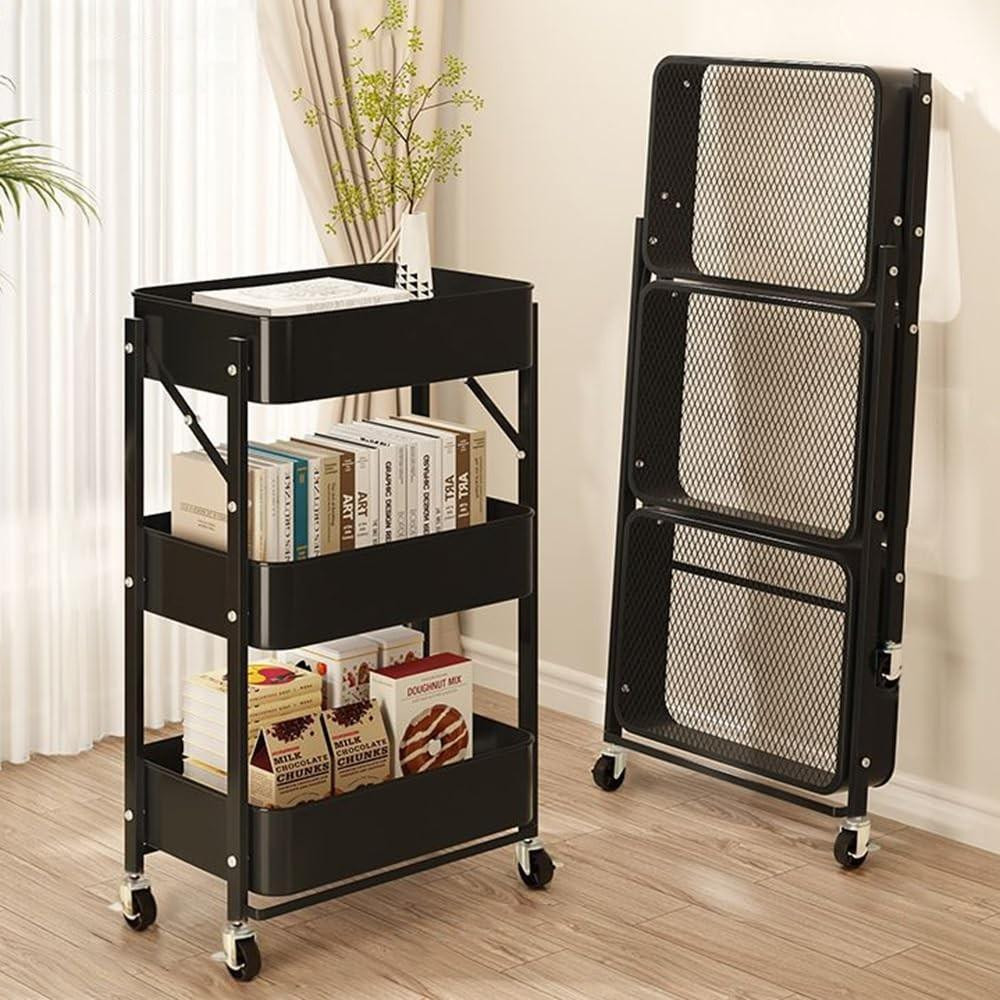 Vouwbare Opbergtrolley met 3 Laags en Wielen - Zwart