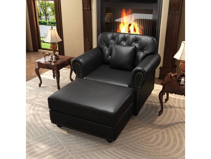 Fauteuil Chesterfield similicuir noir + pouf 105 cm capitonné clous dorés 136 kg