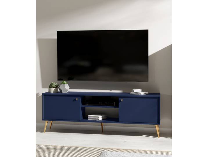 Lowboard HOME AFFAIRE ROMILDA TV-Schrank mit 2 Türen und einem Fach, B/T/H: 156/40,5/54,8 cm , blau (dunkelblau), B:156,2cm H:54,8cm T:40,5cm, Melamin, Sideboards, Lowboard, Dunkelblaue TV-Kommode mit goldenen Akzenten, viel Stauraum
