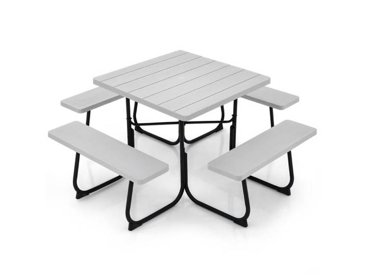GIANTEX Ensemble Salon de Jardin -8 Personnes-Table Carrée de Pique-Nique/Jardin avec Trou de Parasol+4 Bancs-Cadre en Fer-Gris