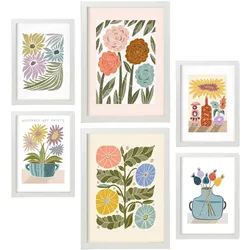 POSTER Set Mit 6 Drucken Blüten In Der Sammlung Ethnischer Style Drucke Dekorative Rahmen Für Ihr Zuhause Wandkunstdruck A3 & A4 Weißer Rahmen