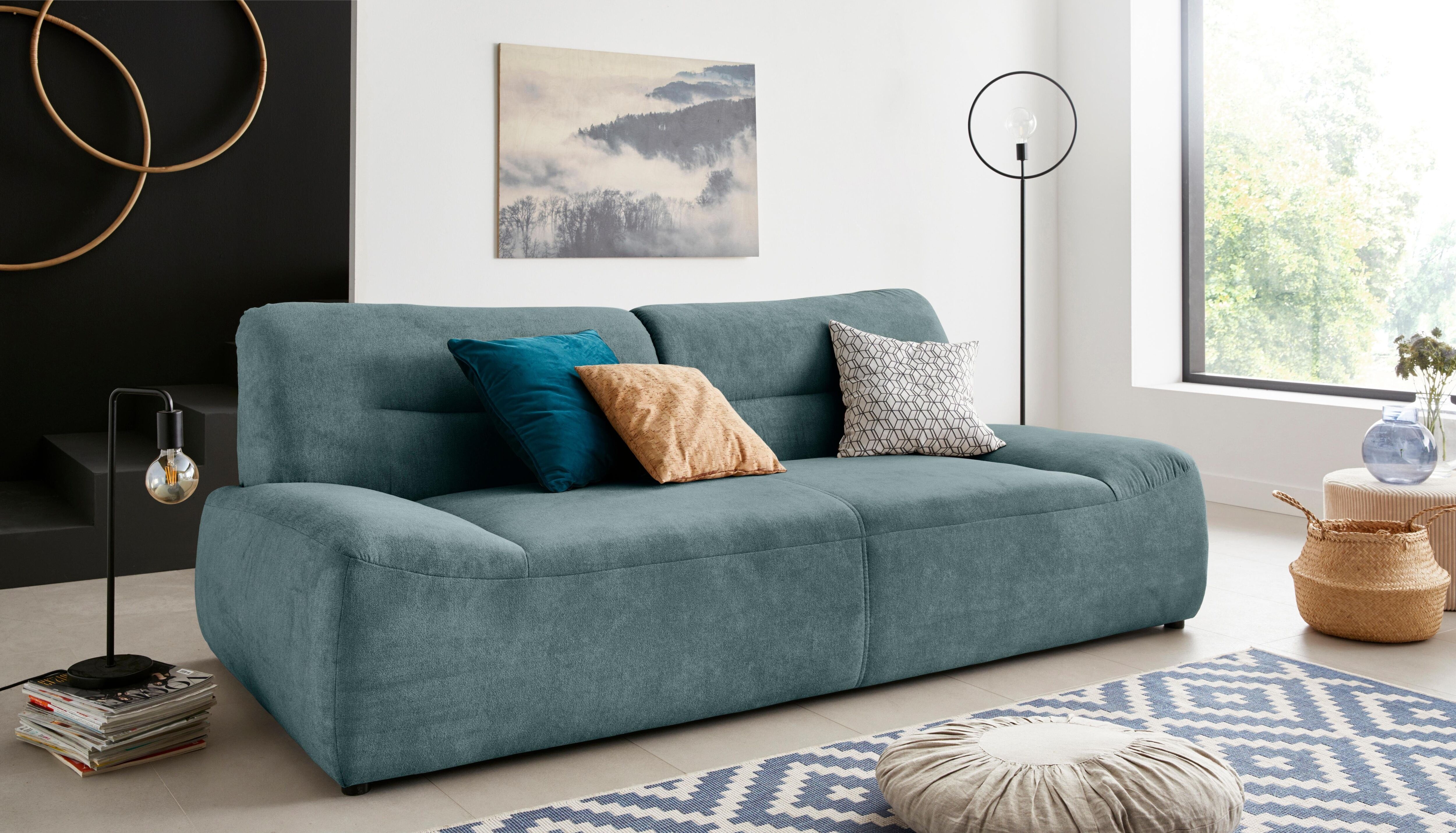2,5-Sitzer DOMO COLLECTION "Cesena modern, elegant und zeitlos, komfortabel, flache Armlehnen", blau (petrol), B:224cm H:81cm T:109cm, Sofas, 2 5-Sitzer, fester Sitzkomfort petrol B/H/T: 224cm x 81cm x 109cm, Chenille-Optik,mit Wellenunterfederung