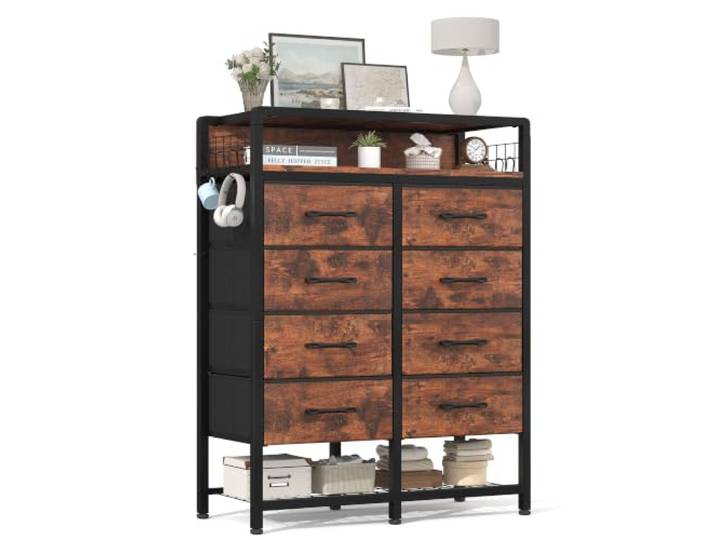 Feonase Kommode, Kommode mit 8 Stoffschubladen, Kommode mit Schubladen, Komodenschrank, Hohe Stoffkommode, Für Schlafzimmer, Flur und Wohnzimmer, Rustikales Braun