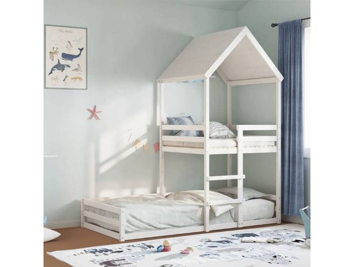 Lit superposé avec toit blanc 90x200 cm bois de pin massif lit superposé avec escalier lit superposé pour enfants 3282391