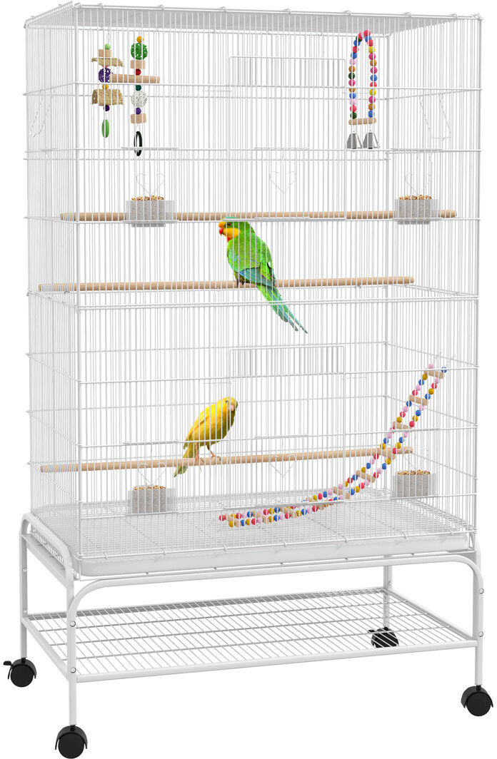 PawHut Bird Cage with Stand Wheels Toys for Budgies Finches White White 133cm H X 79cm W X 49cm D
