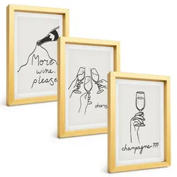BILDER SET 3er Set - 20x30 cm Goldrahmen - Champagner-Wein-Linienzeichnung