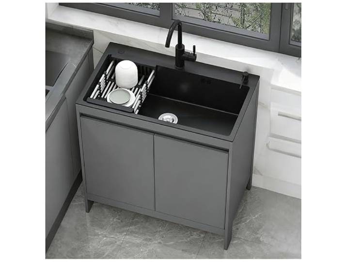 Freistehendes 304 Edelstahl-Spülbecken mit Unterschrank, Nutzspüle mit Warm/Kalt-Wasserhahn & Abtropfkorb für Küche/Waschküche/Outdoor