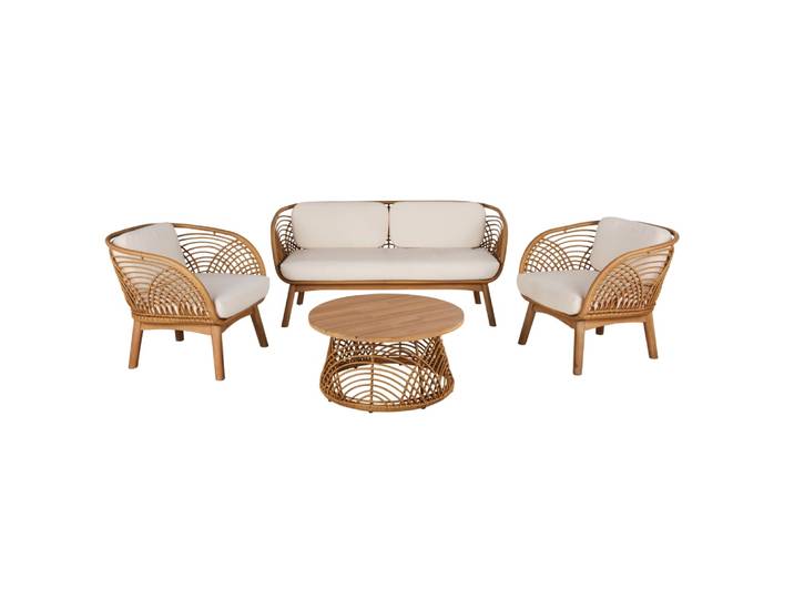 Garten-Lounge aus Akazienholz mit 2 Sesseln und Tisch, ecru