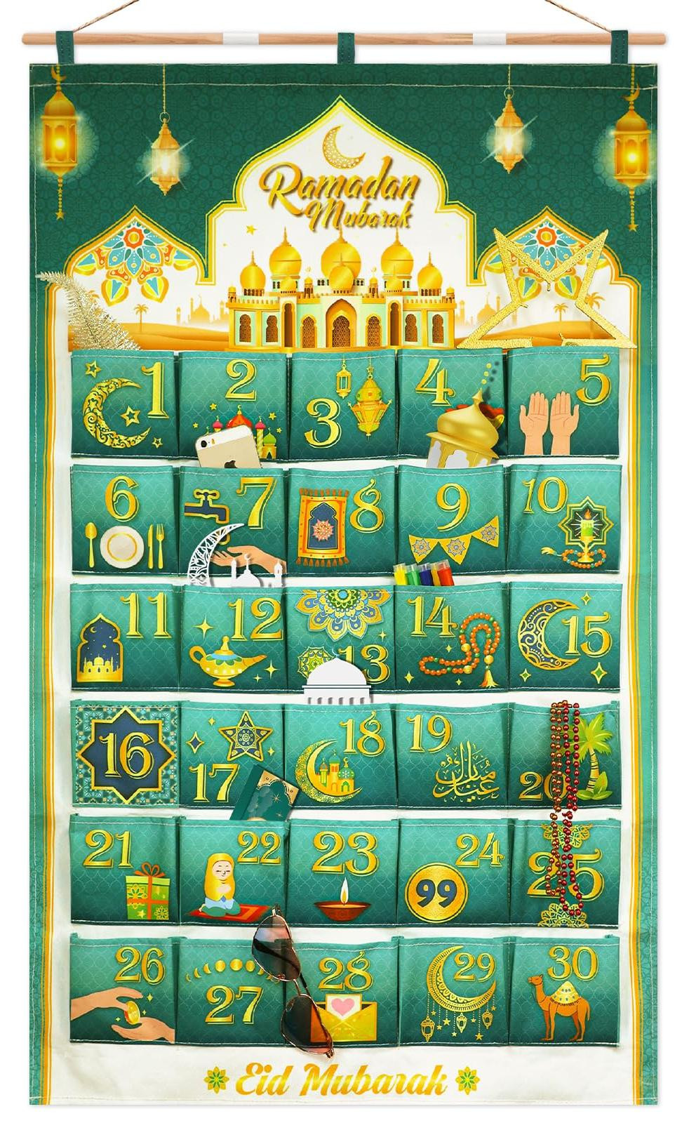 Herbruikbare Ramadan Advent Kalender met Zakjes - Groen en Goud