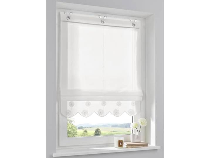 Elly Store romain avec volant brodé\, semi-transparent\, à œillets\, avec crochet de suspension\, sans perçage\, largeur 60 cm x hauteur 130 cm