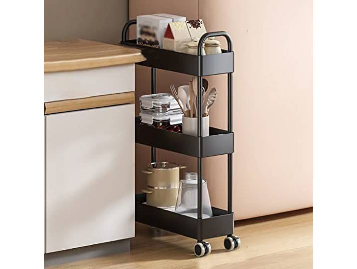 ROHCGHC Rollwagen, Kunststoff ausziehbarer Wagen Bad Waschküche Küche schmale Räume(/Black,3 Tier)