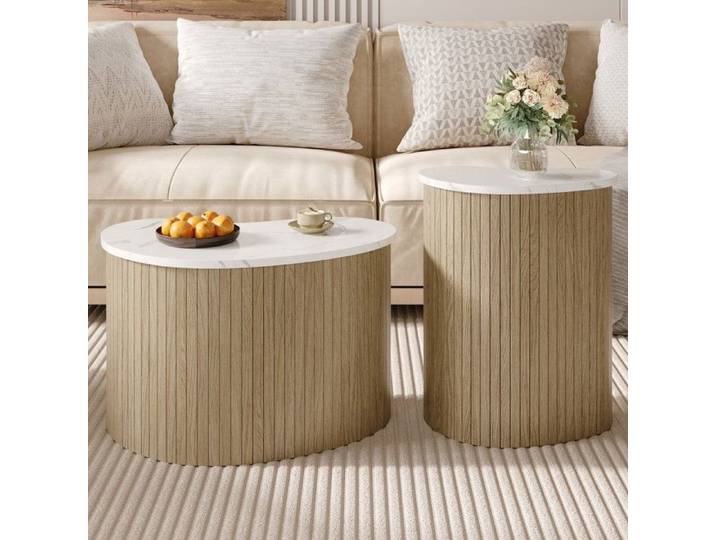 Table basse - MINIMAL - MINIMAL HOME - design incurvé - plateau marbre/bois - rangement flexible