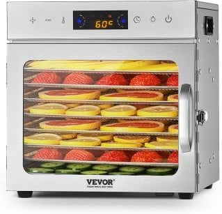 VEVOR Voedseldroger met 8 roestvrijstalen trays, 400W elektrische voedseldroger met instelbare temperatuur, zilver