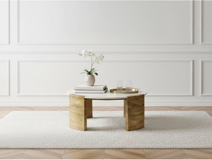 Table basse ronde D.85 cm TORVI plateau marbre et pieds bois massif de manguier clair