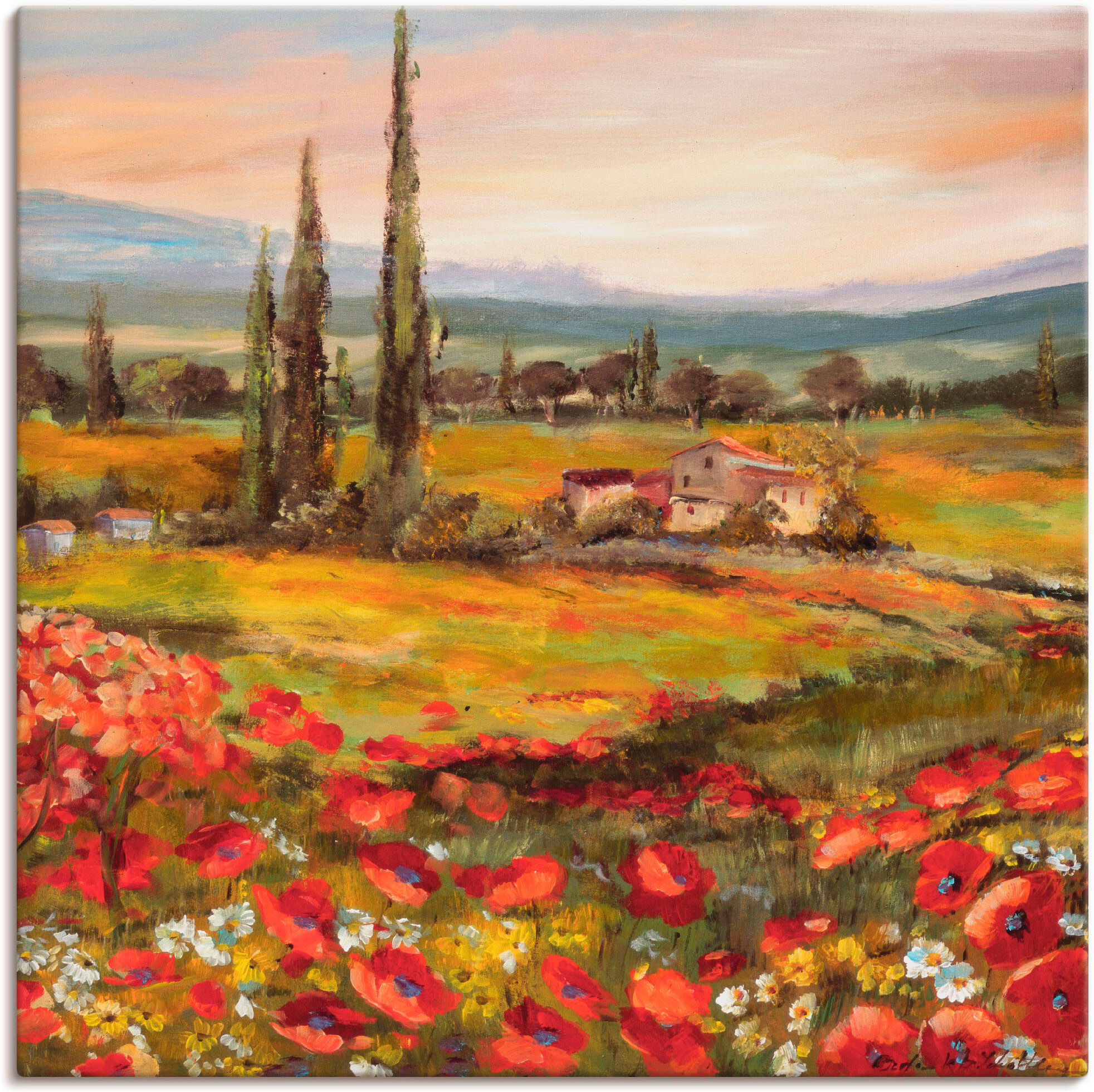 Leinwandbild ARTLAND "Mohnblumen und Zypressen", braun (farbe bild(er): braun), B:50cm H:50cm, Bilder, Leinwandbild, auf Holzrahmen gespannt farbe bild(er): braun B/H/T: 50cm x 50cm, Leinwandbild Felder quadratisch, 1 Stk.